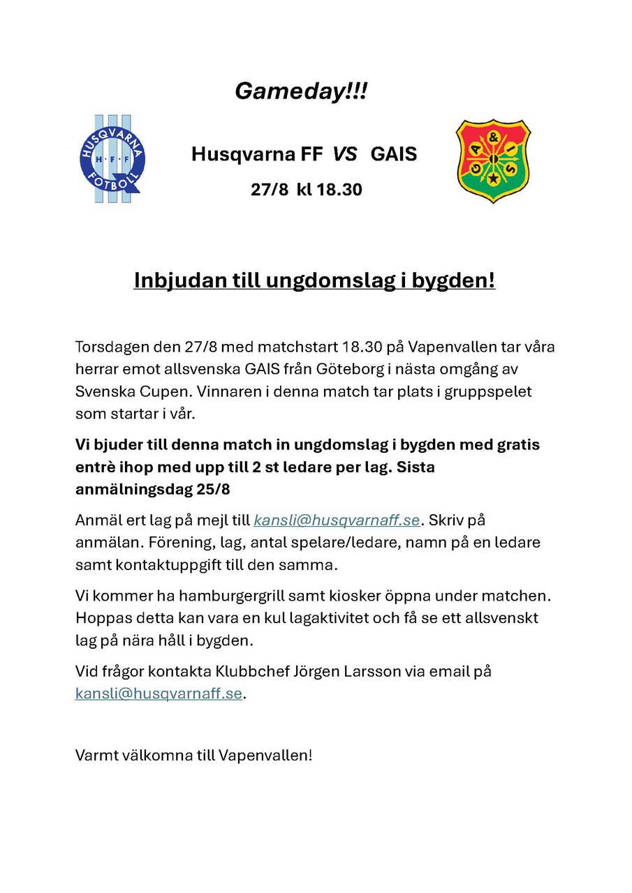 Inbjudan till ungdomslag när GAIS gästar Vapenvallen!